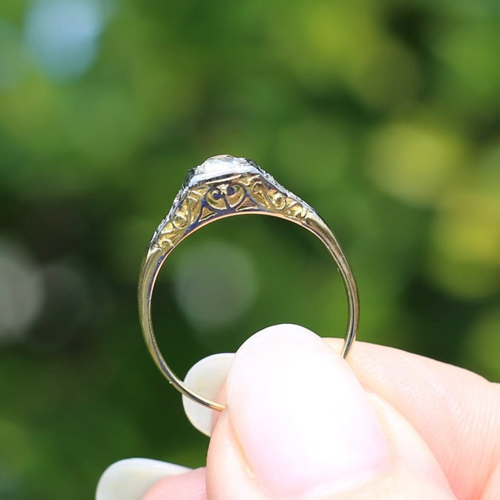 Antique Circa 1915 Old European Cut Solitaire, 18ct White and Yellow Gold, size M1/2 or 6.5