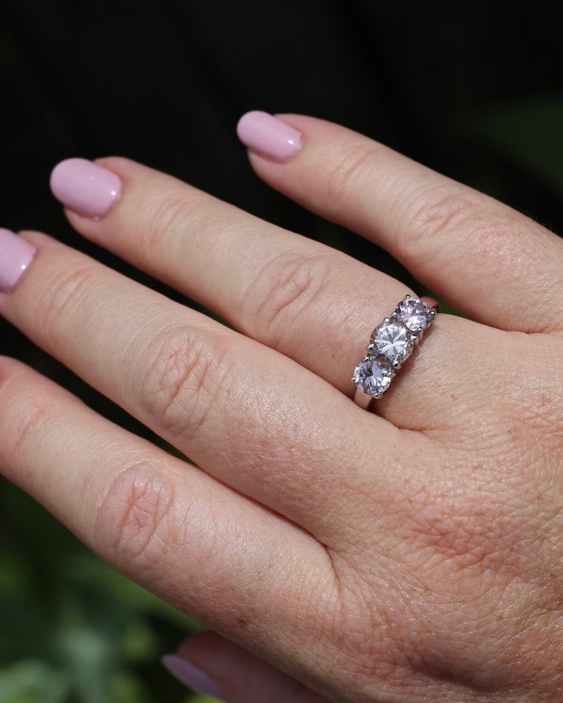 3.7ct Pale Pink Australian Zircon Trilogy Ring, 10ct and 18ct White Gold, size O or just over 7, 3.72g