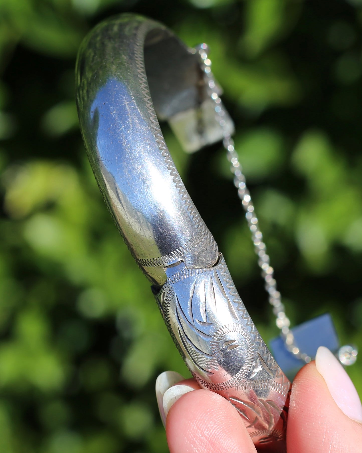 Vintage Hinged Engraved Silver Hollow Bangle, Sterling Silver