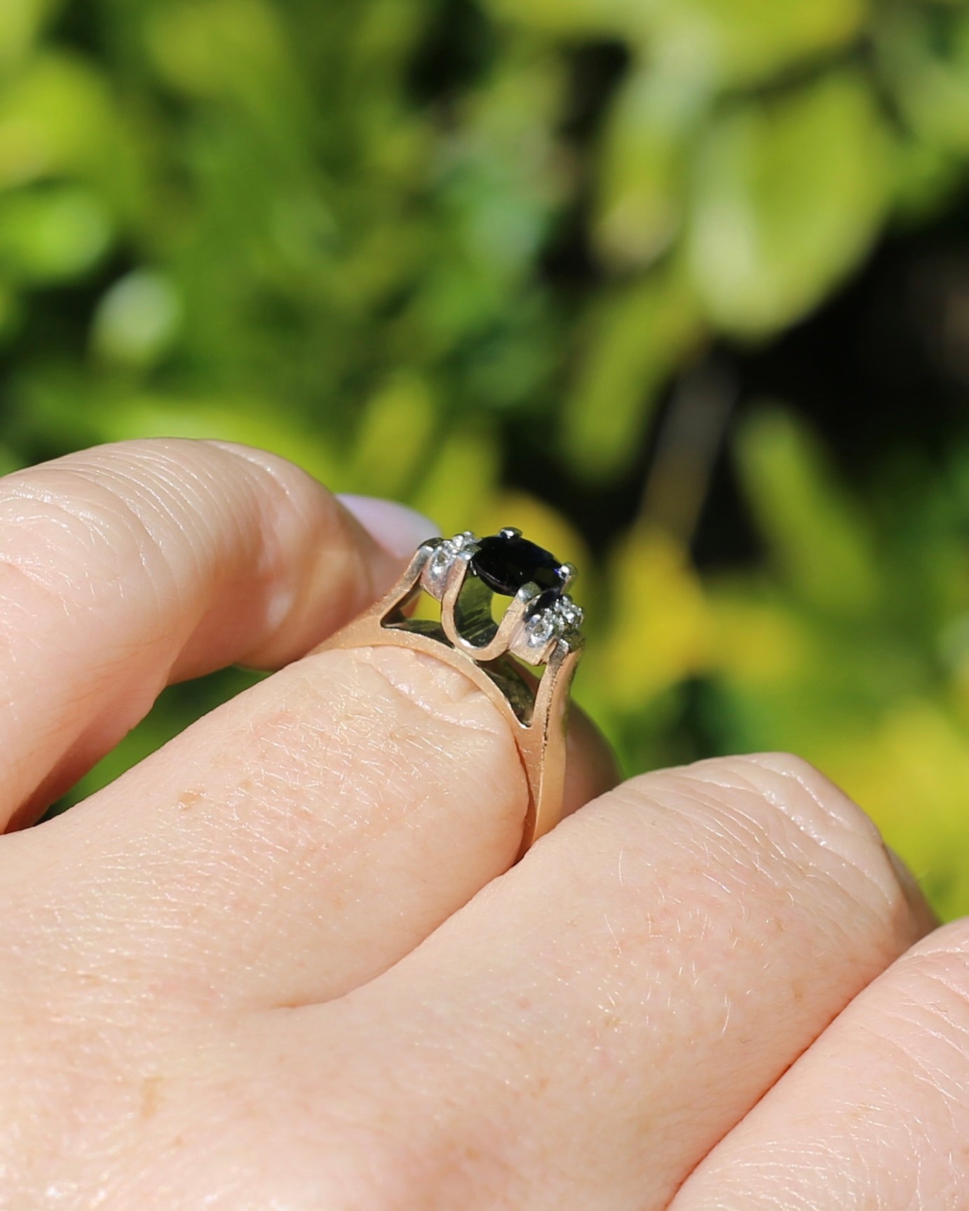 Circa 1970s Natural Sapphire and Diamond Ring, 9ct Yellow and White Gold, size M or 6.25, 4.19g