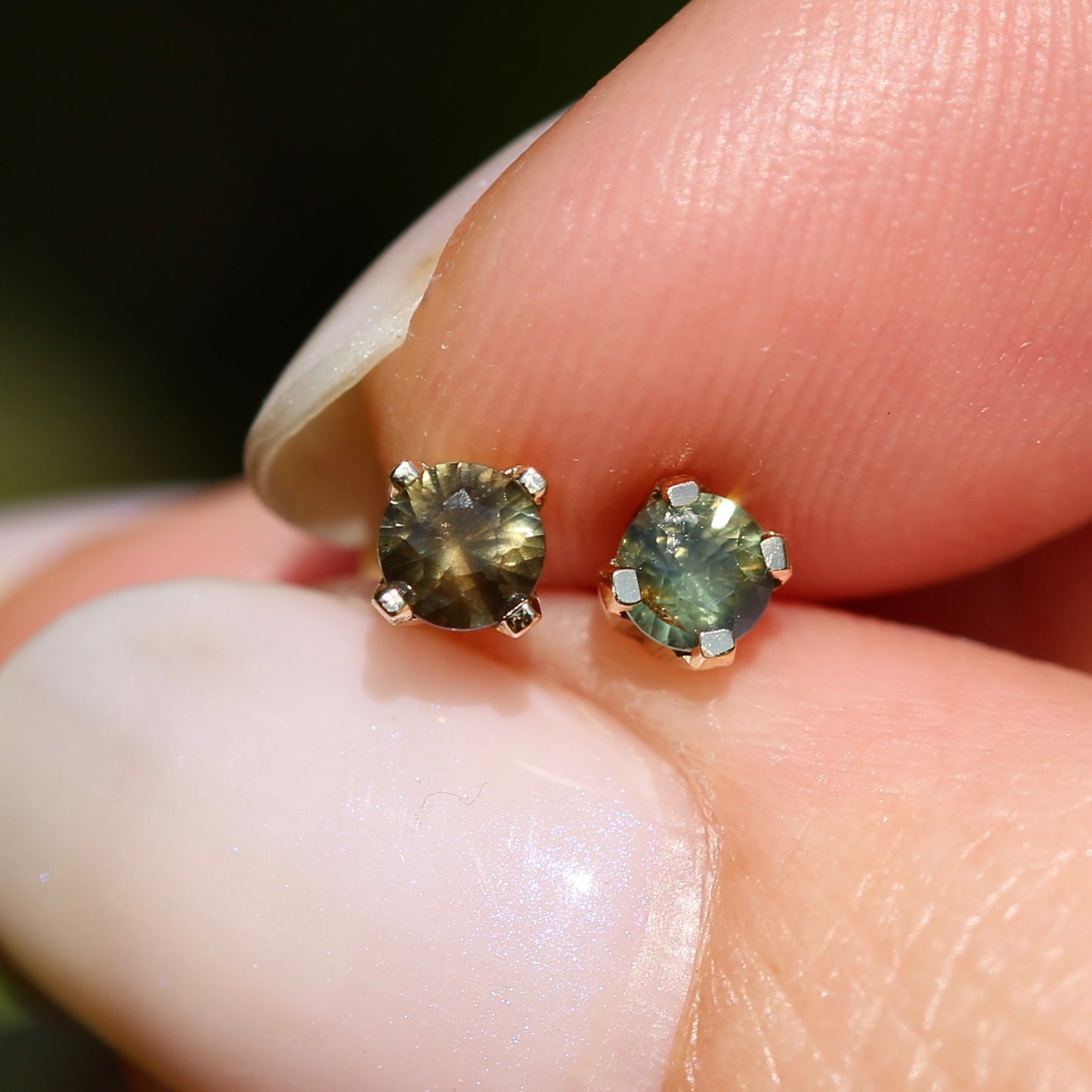 3.5mm Sapphire Stud Earrings, Green Brown, 4 claw 9ct Yellow Gold