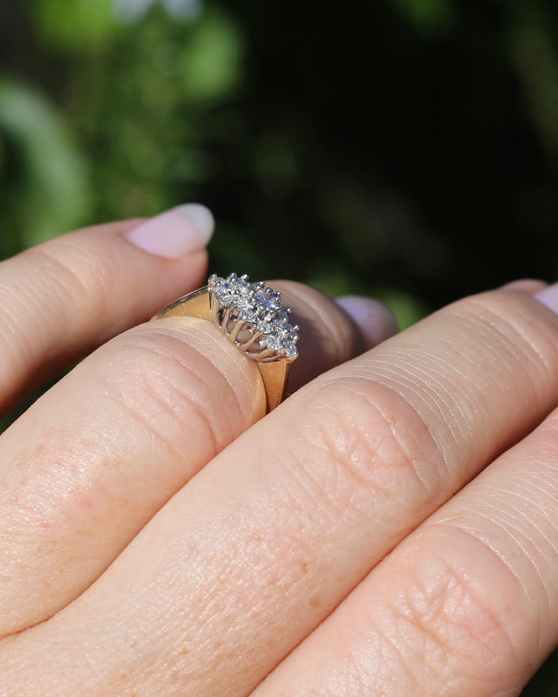 1991 London Made Diamond Cluster Ring, 9ct Yellow and White Gold, size J or 4.75, 2.2g