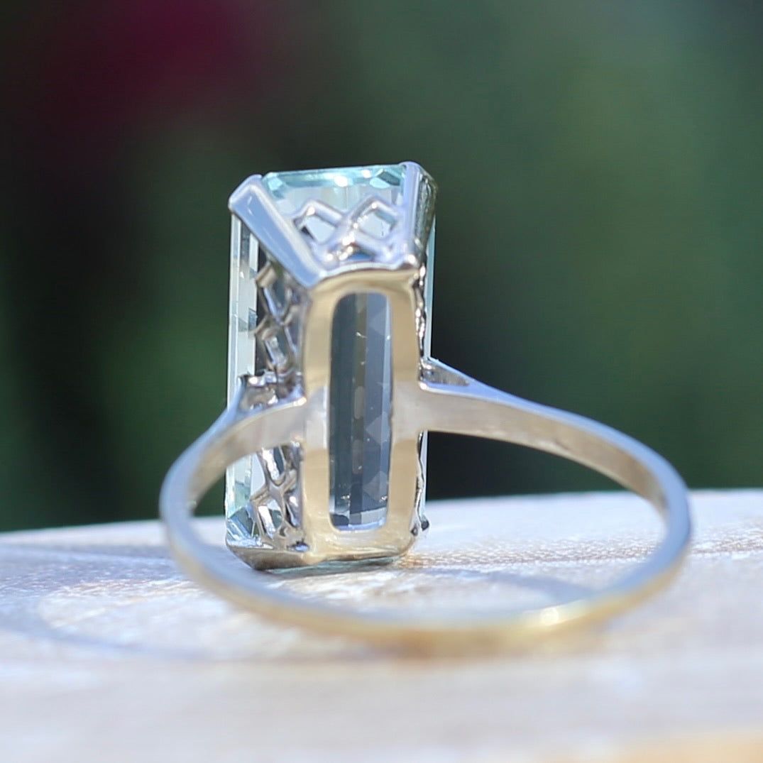 8.46ct Rectangular Step Cut Aquamarine in Hand Made French 18ct White Gold, size U1/2 (offering a free re-size on this)