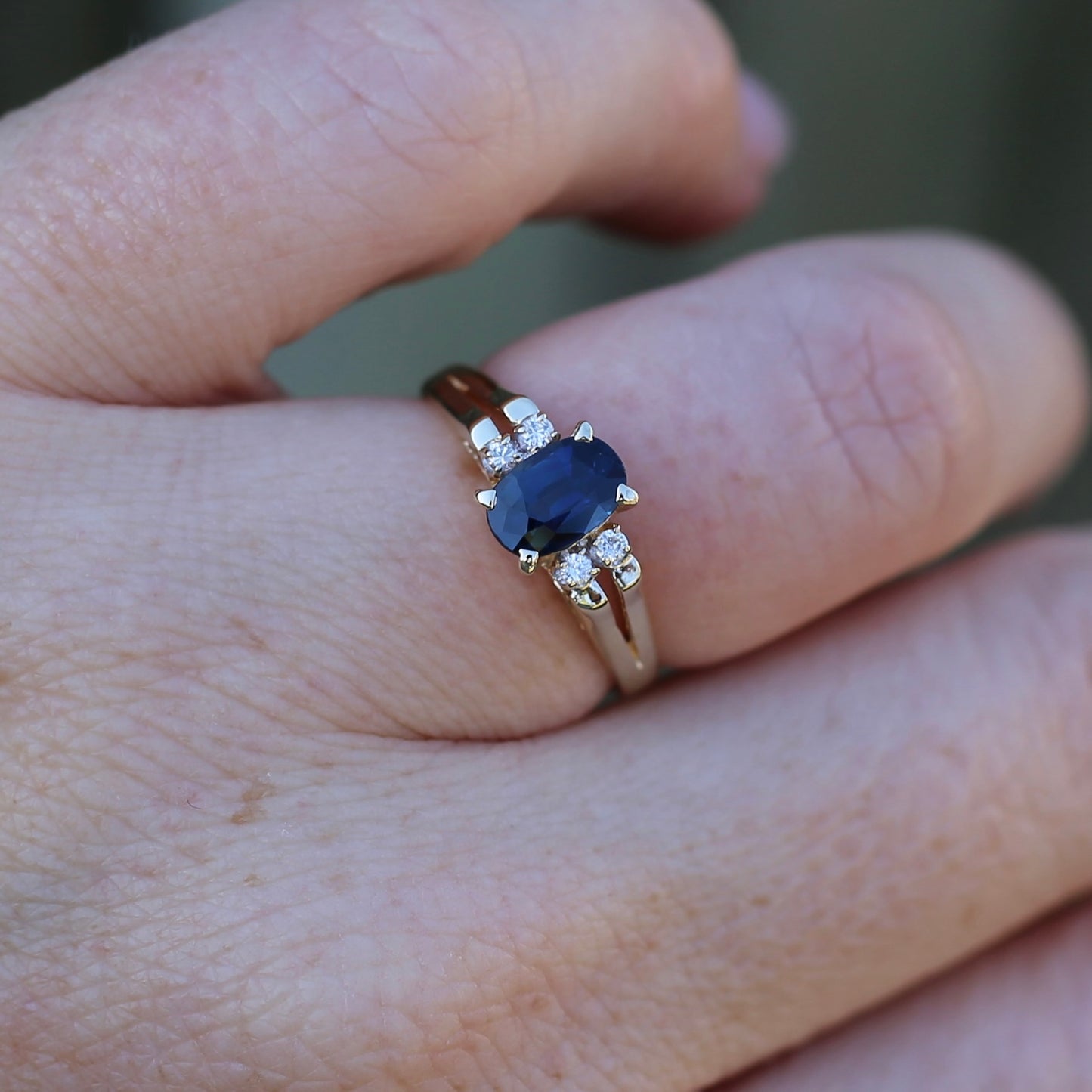 Oval Natural Blue Sapphire with Diamonds, Art Deco Feel Ring, 14ct Yellow Gold, size N or 6.75