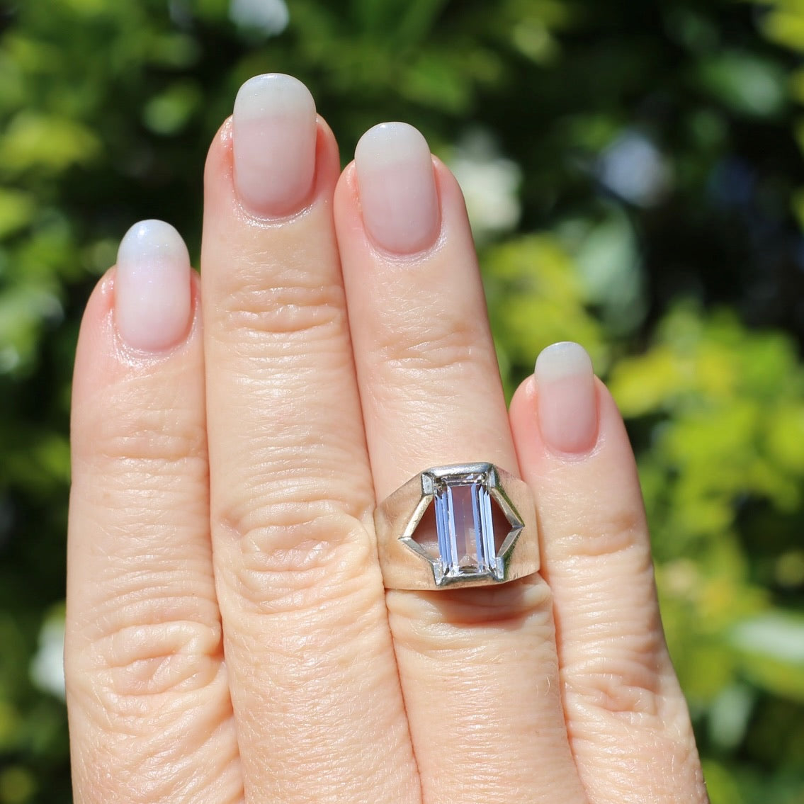 Mid Century Semi Bezel Set Emerald Cut White Spinel, Sterling Silver, size L or 5.75