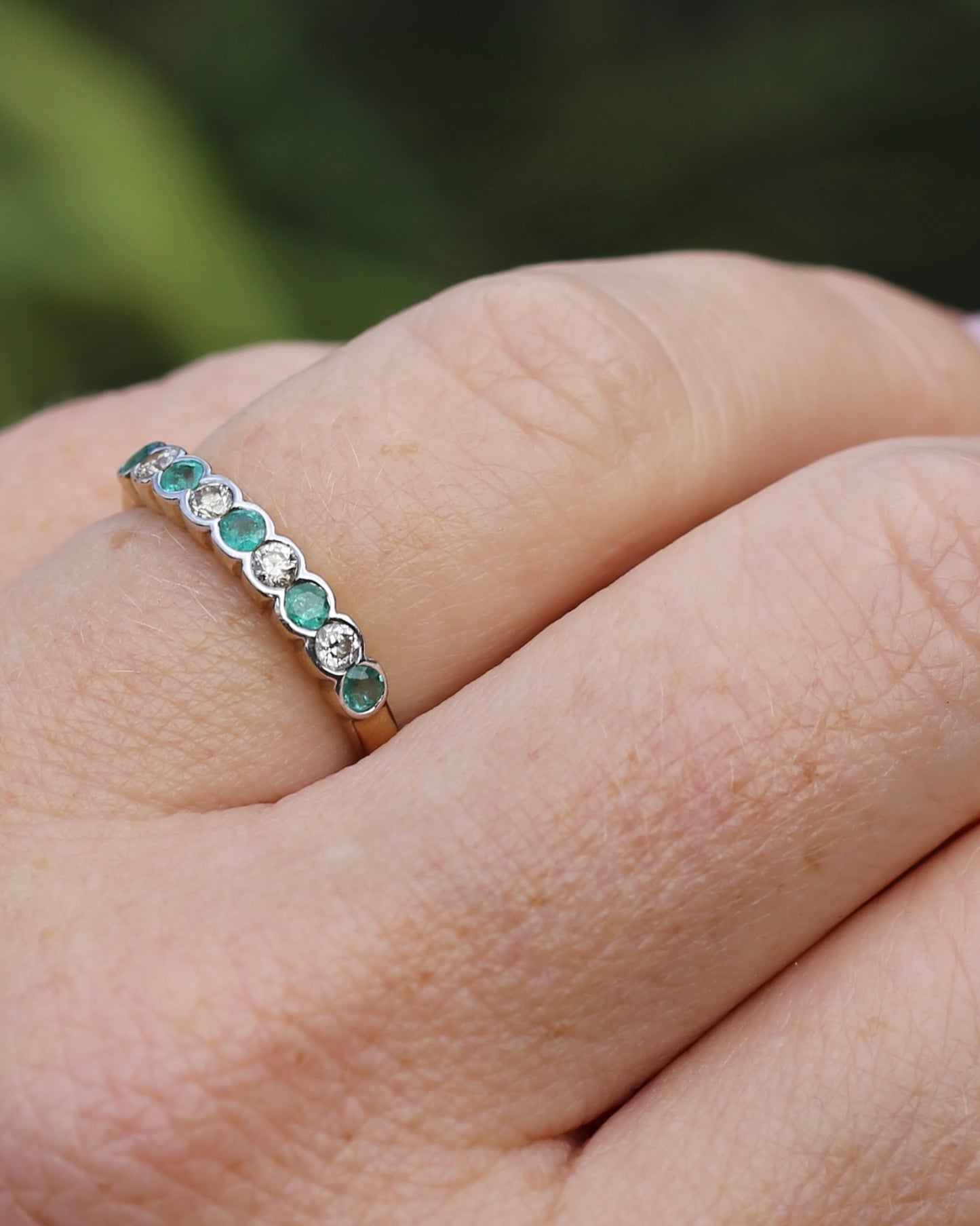 Natural Emerald and Diamond Half Hoop, 9ct Yellow and White Gold, size O or 7.25, 1.76g