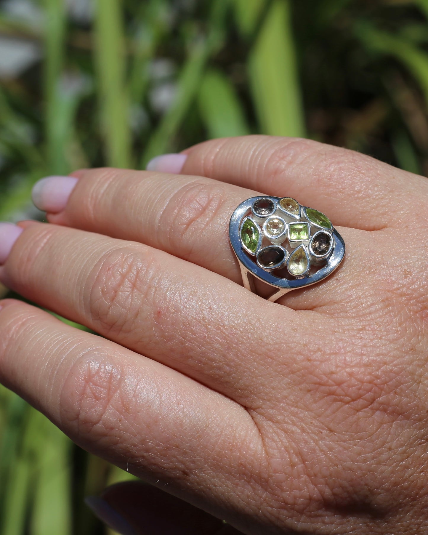 Peridot, Citrine and Smokey Quartz Bezel Set Ring, Sterling Silver, size P or 7.5, 8.27g