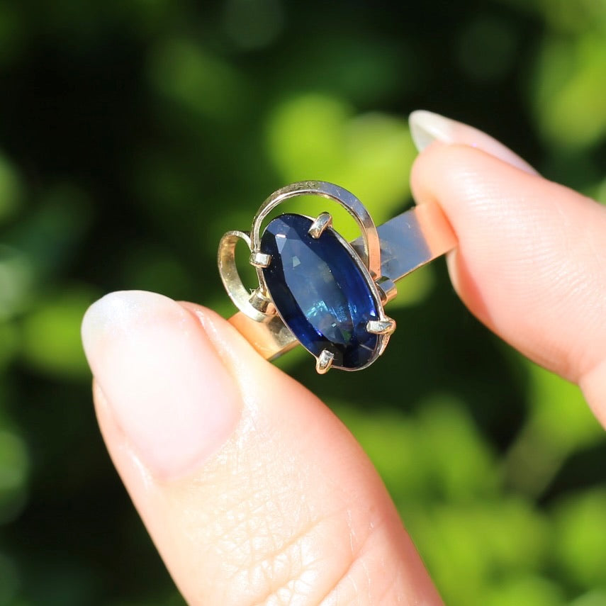 1980s 4ct Australian Parti Sapphire Retro Ring, 9ct Yellow Gold, size X or 11.5 (easily sizeable) with valuation