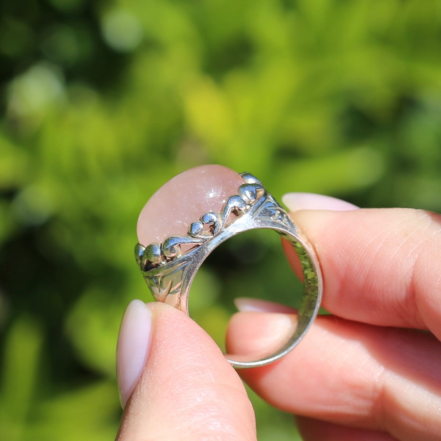 Rose Quartz Cabochon Ring, Sterling Silver, size O or 7.25