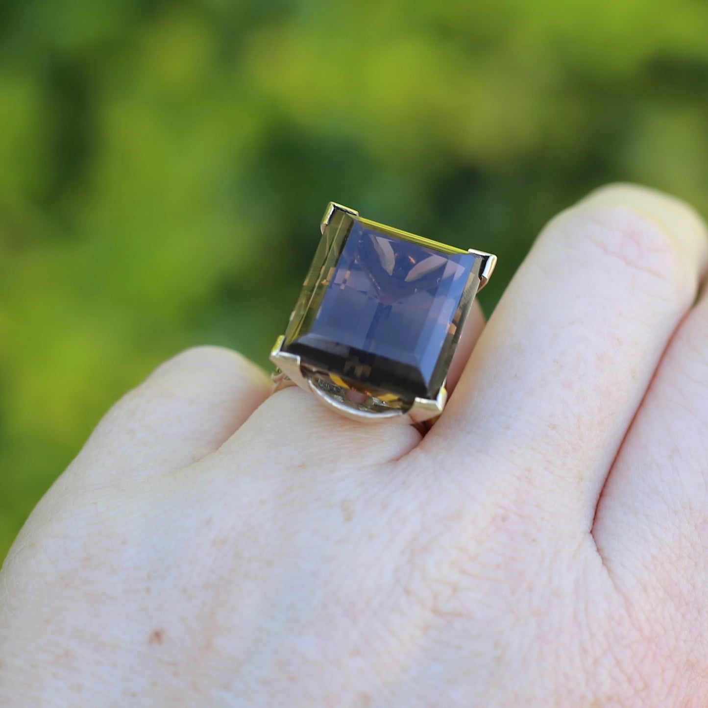 Mid Century 36ct Princess Cut Smoky Quartz Cocktail Ring, 9ct Yellow Gold, size N1/2 or 6.75