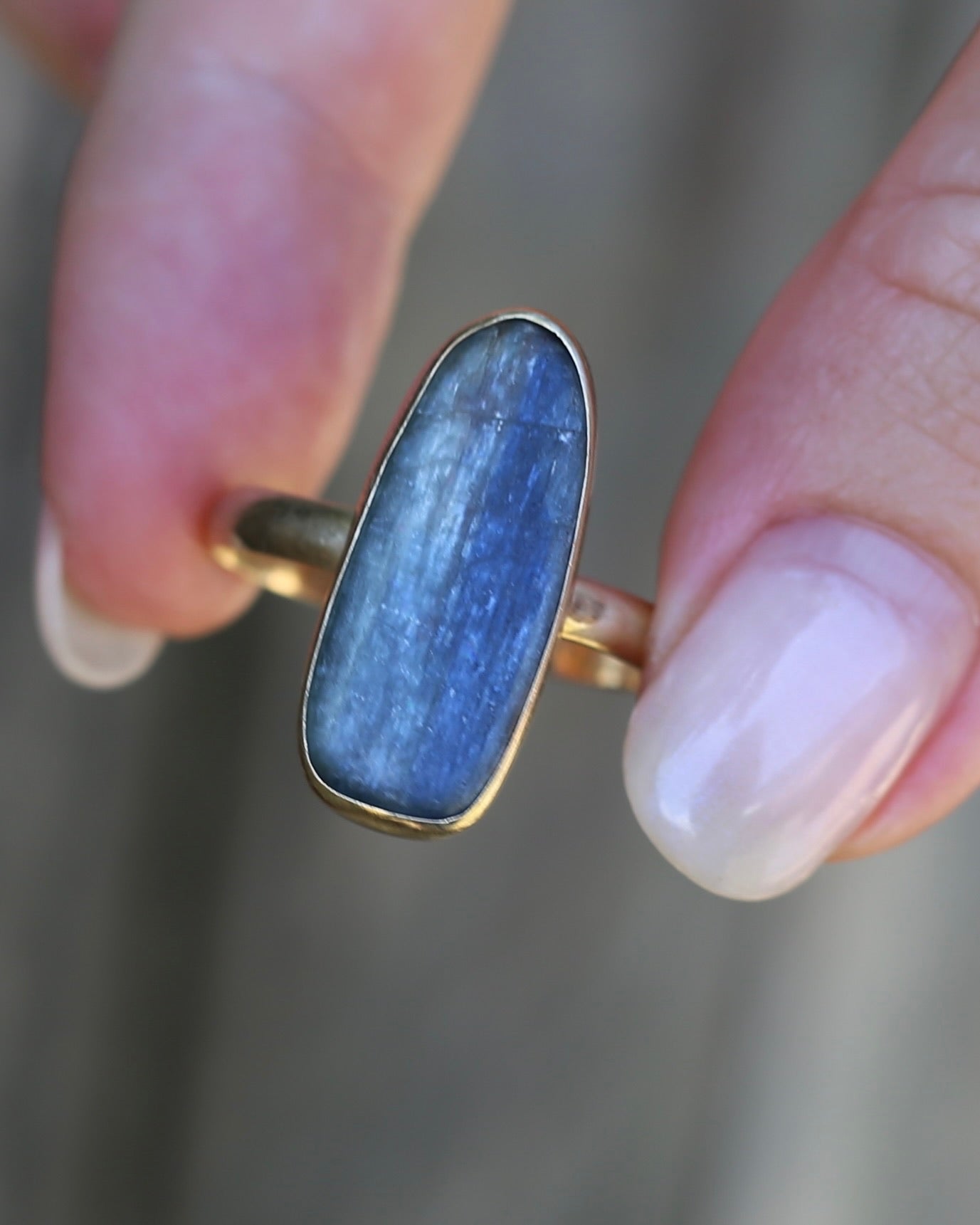 Rustic Freeform Labradorite Cabochon in Bezel Setting, 9ct Yellow Gold, size X1/2 or 11.75