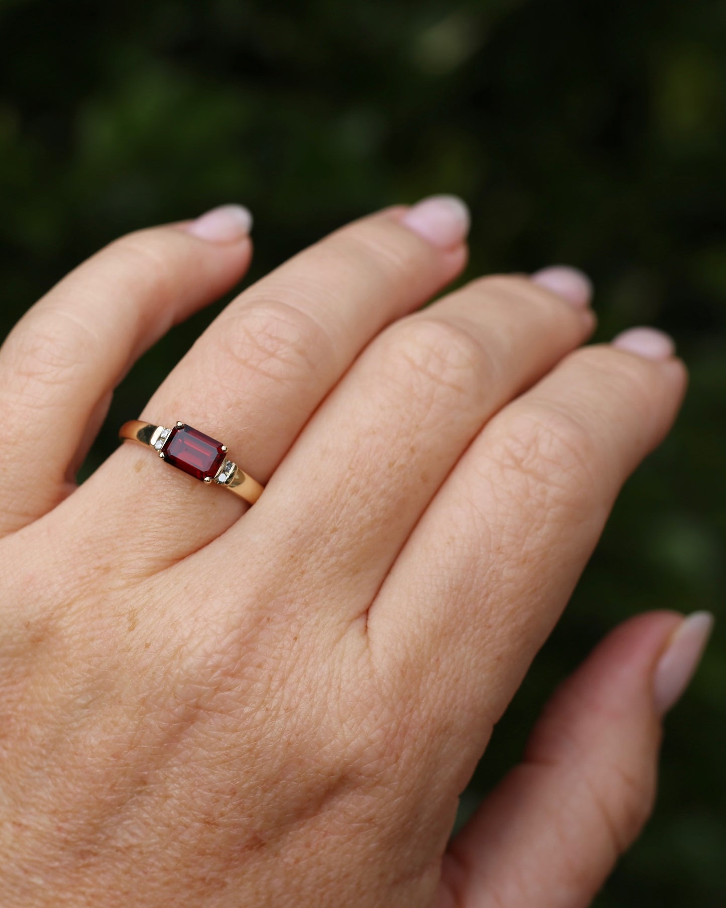 East African East West Set Emerald Cut Garnet and Diamond side stones, 9ct Yellow Gold, size P1/2 or 8