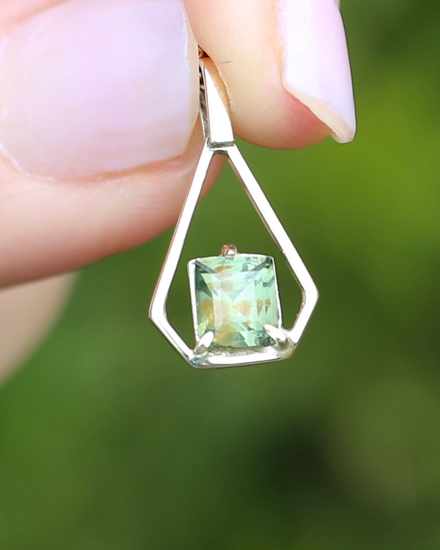 Modified Carre Cut Unheated Green Natural Sapphire in Handmade Vintage Pendant, 9ct Yellow Gold, 0.78g