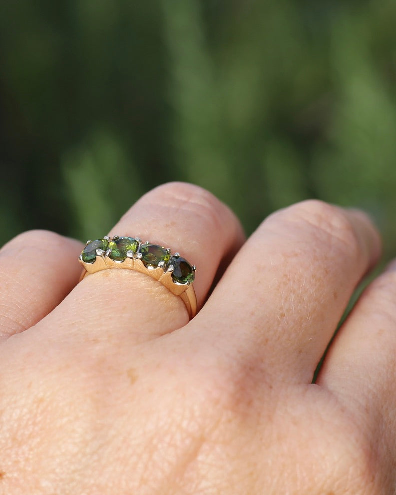 1.75ct Four Stone Natural Green Tourmaline Ring, 9ct Yellow Gold, size N1/2 or just over 6.75, 2.37g