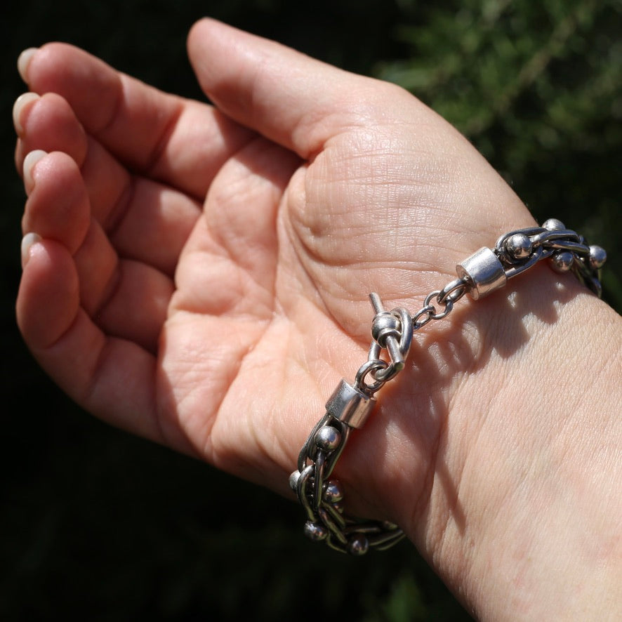 Chunky Silver Bracelet with Overlapping Loops and Dot Ball Detail, 45.3g