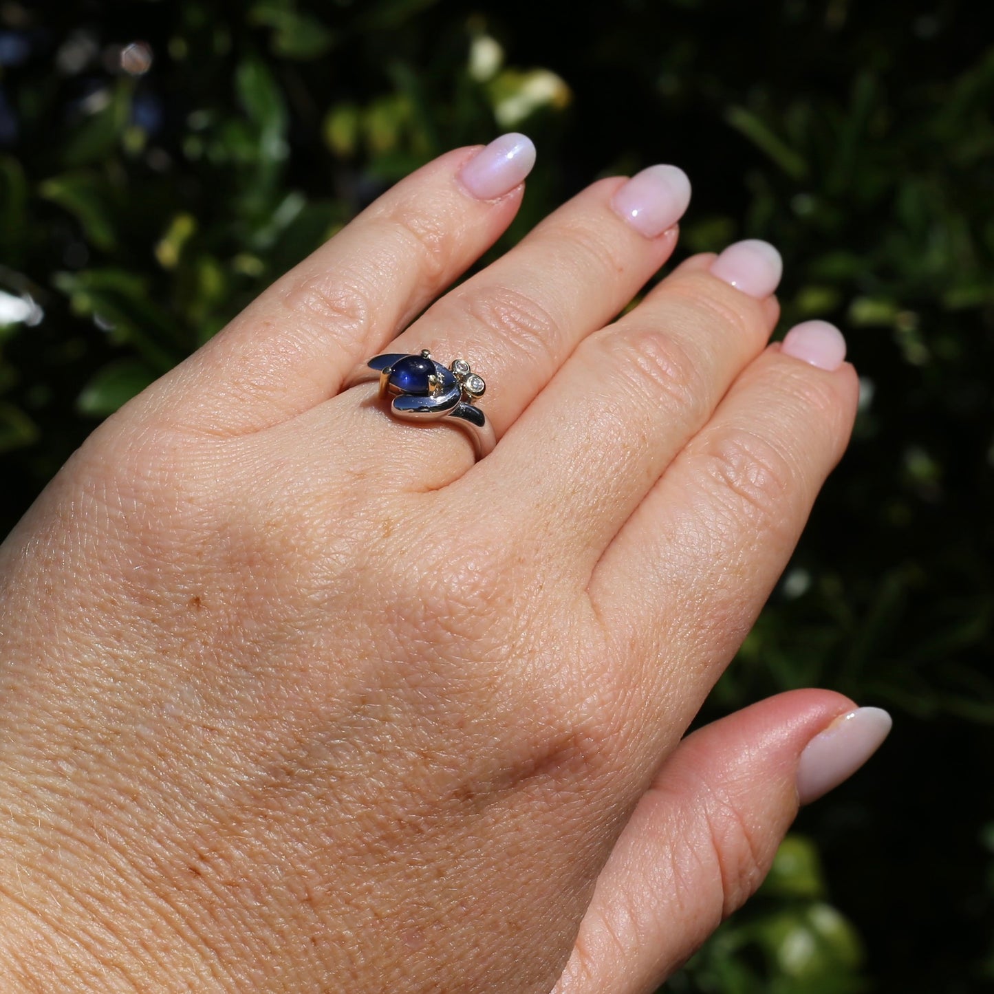 Chunky Asymetrical Mixed Metal Pear Sapphire Cabochon and Diamond ring, 18ct Yellow and White Gold, size 7.5 or just over O1/2