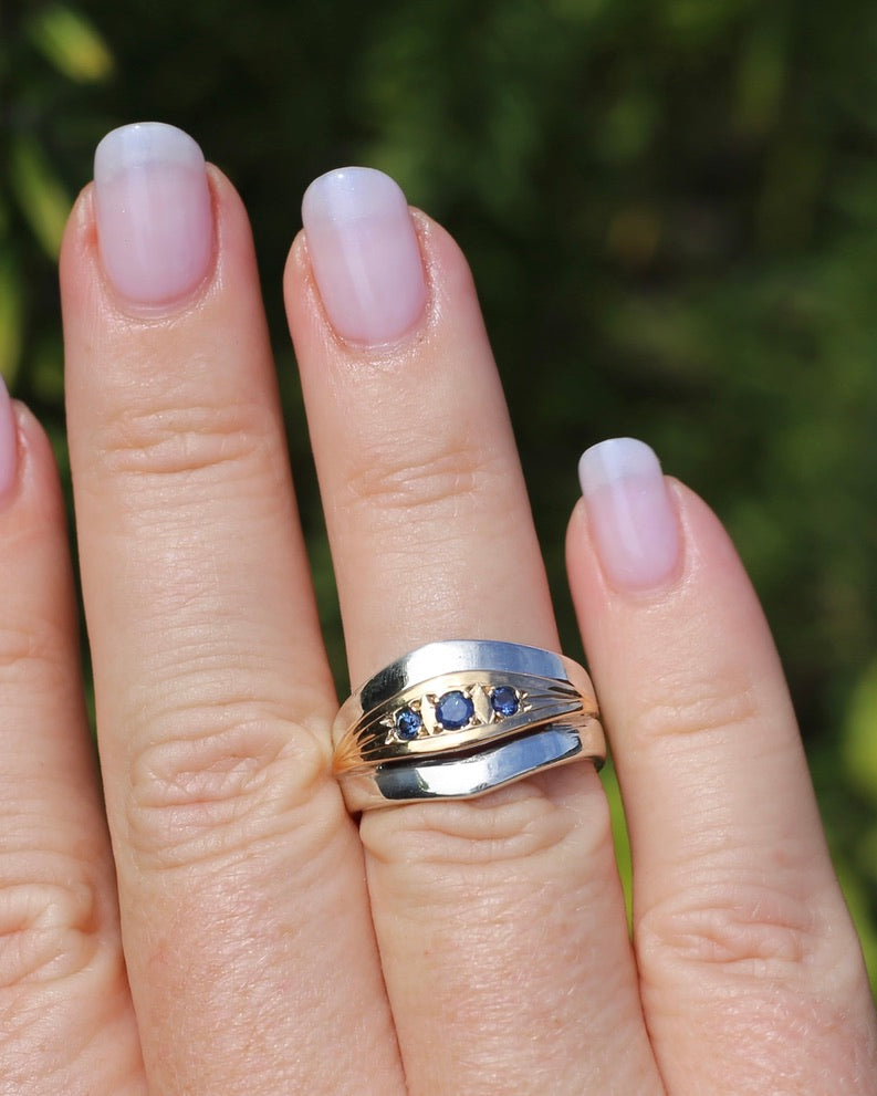 Mixed Metal Wide Band Featuring 3 Rubyvale Sapphires Mined in 1992, Sterling Silver and 14ct Yellow Gold, size O or just over 7 (fits more like an M1/2 or N), 6.81g