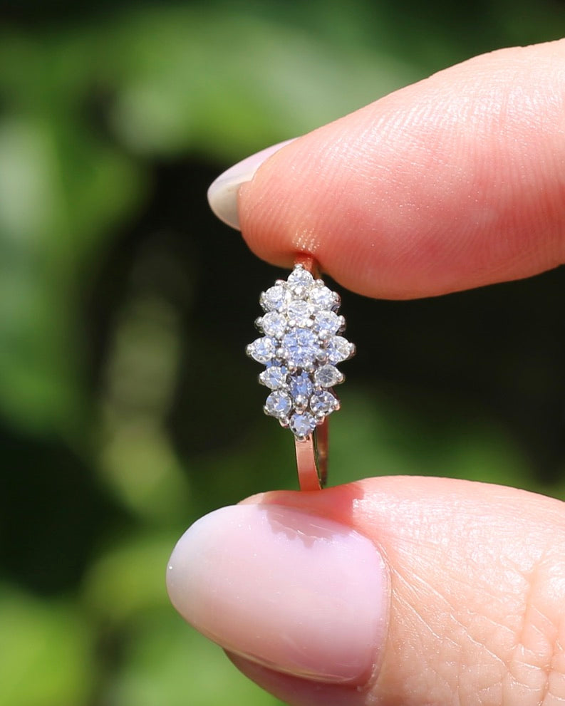 1991 London Made Diamond Cluster Ring, 9ct Yellow and White Gold, size J or 4.75, 2.2g