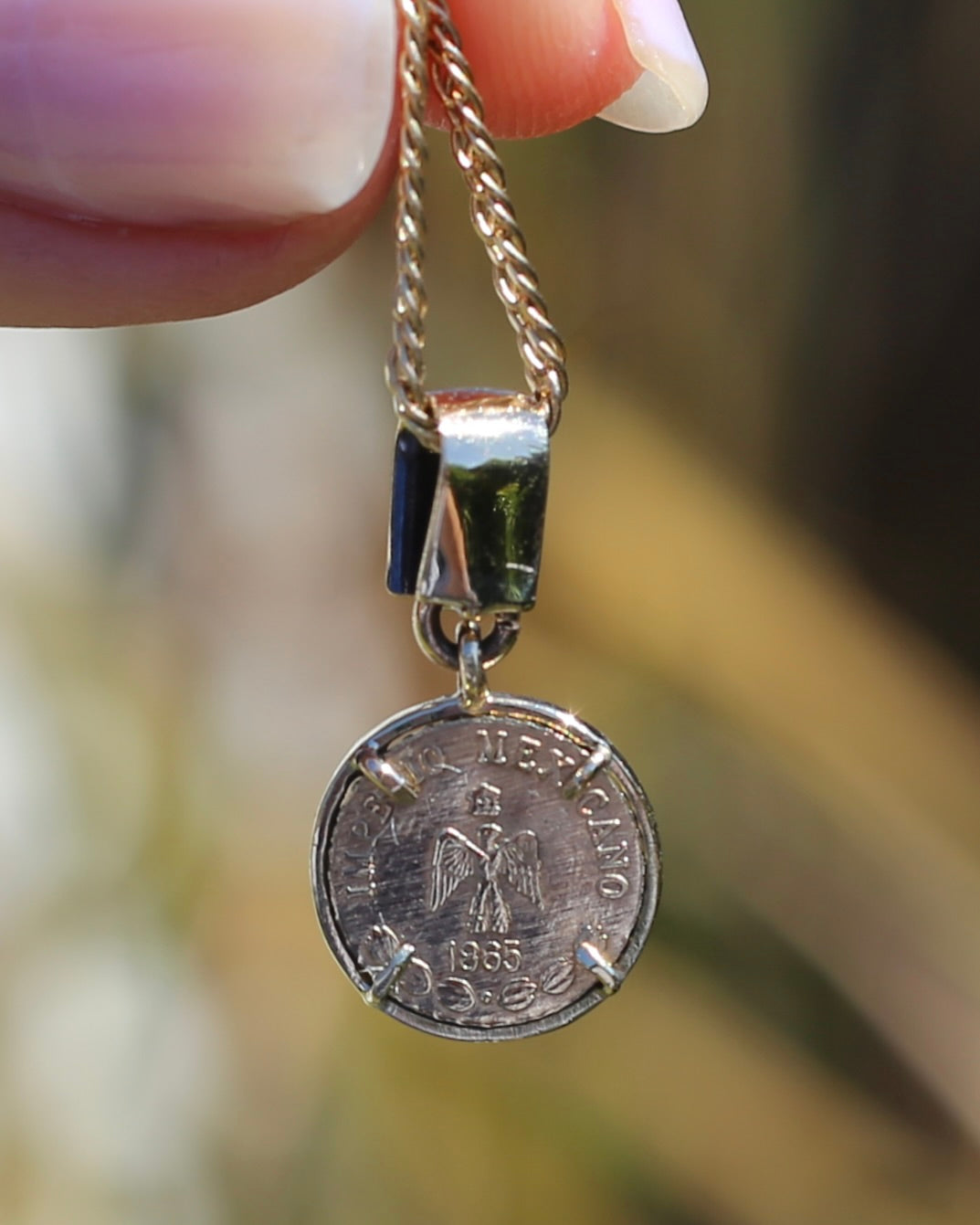 1865 Mexican Coin Replica in Coin Frame Pendant, 9ct Yellow Gold and silver support bars, 1.69g