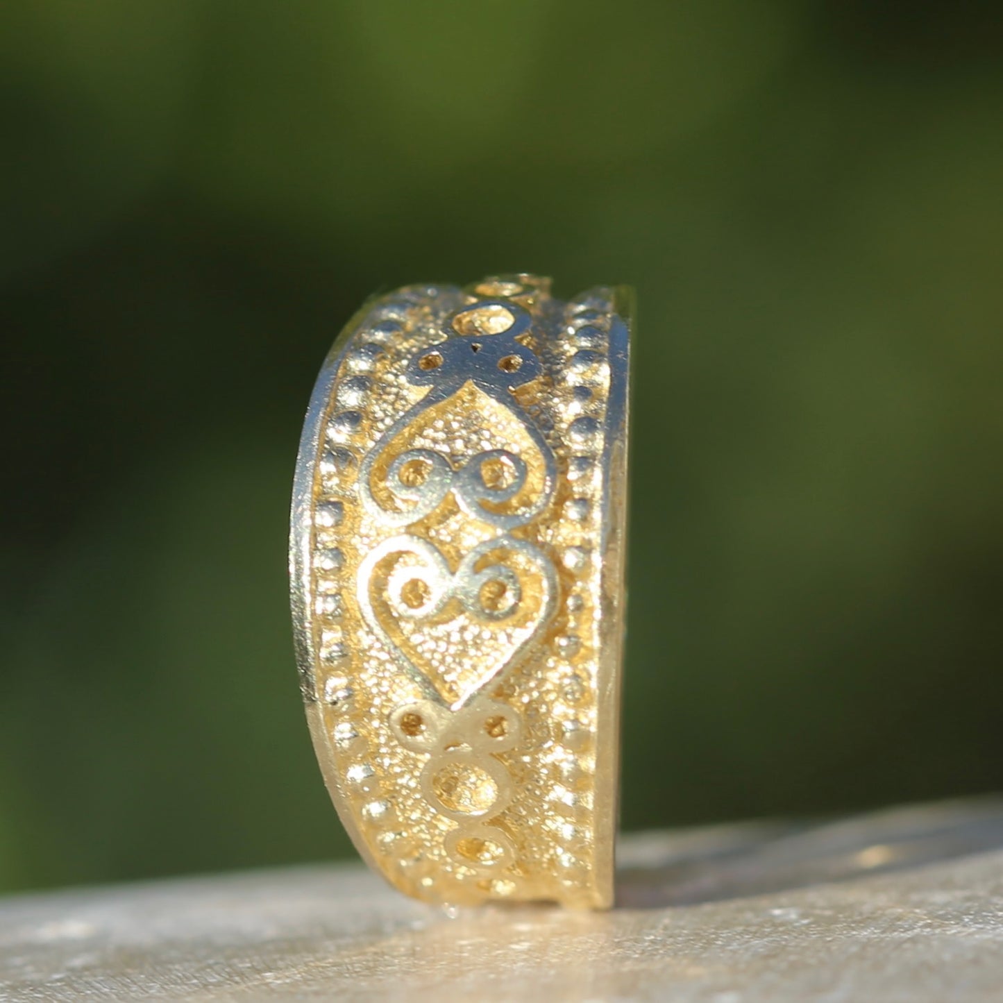 Chunky Embossed Decorative Wide Gold Ring, 14ct Yellow Gold, size N1/2 or 7