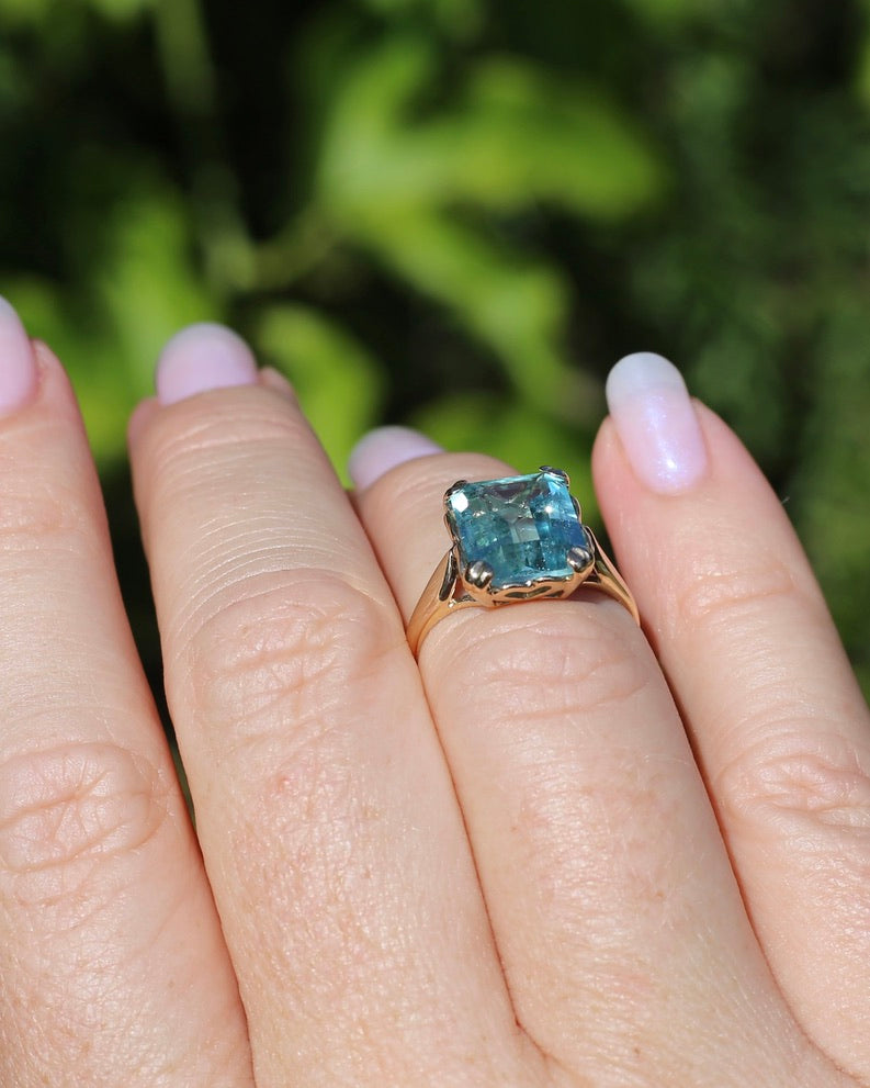 Second Glance - Natural 4.3ct Emerald Cut Aquamarine in Vintage 1963 London Made Ring, 9ct Yellow Gold, size K1/2 or 5.5, 3.04g