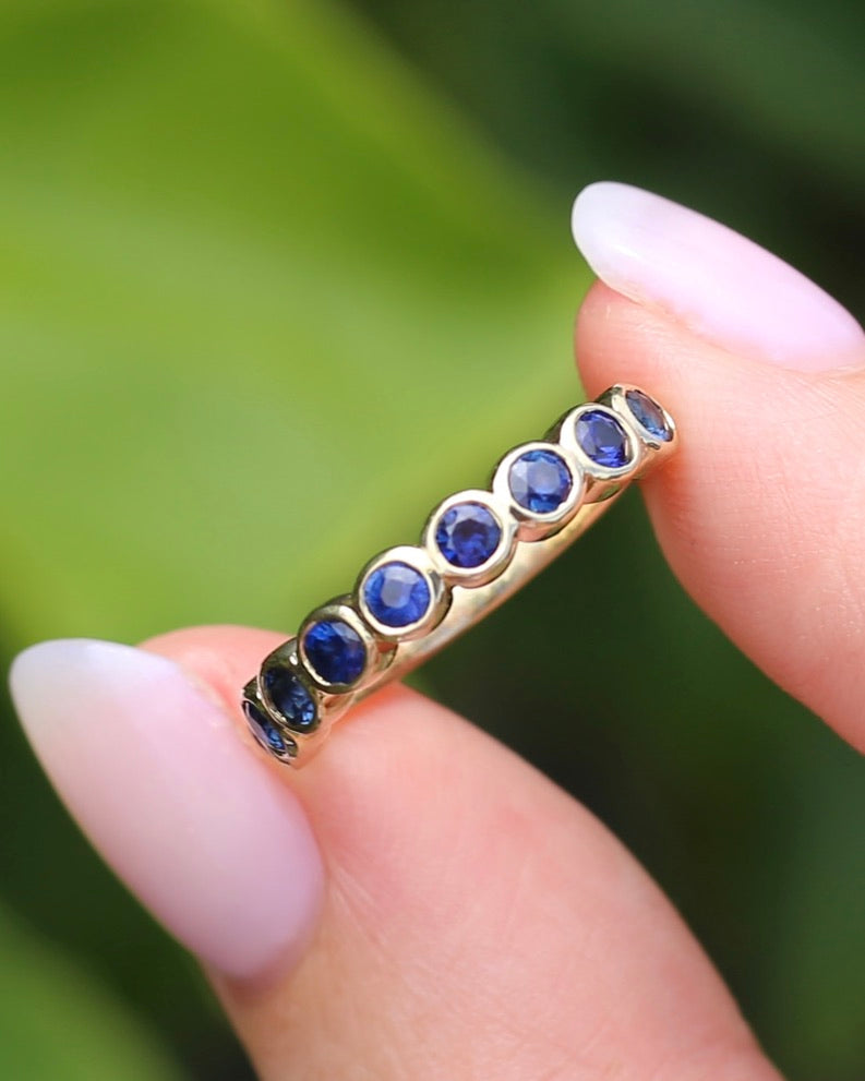 Second Glance - 9 Stone Bezel Set Blue Sapphire Bubble Half Eternity Ring, 9ct Yellow Gold, size N or just over 6.5, 2.80g