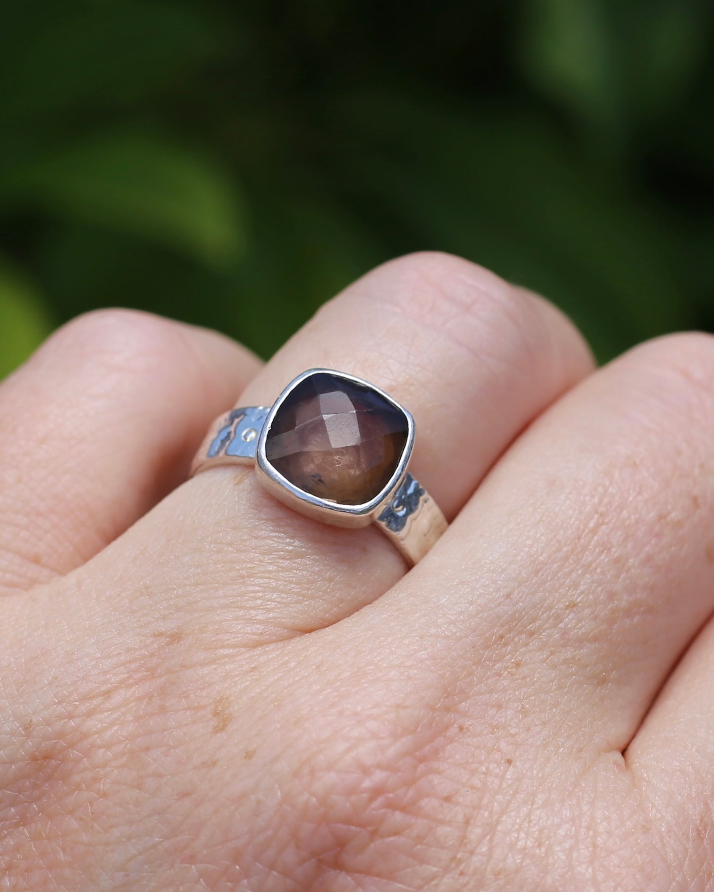 Harlequin Cut Smoky Quartz in Bezel Frame, Sterling Silver, 4.7g, size P1/2 or 8 - fits more like an O-O1/2