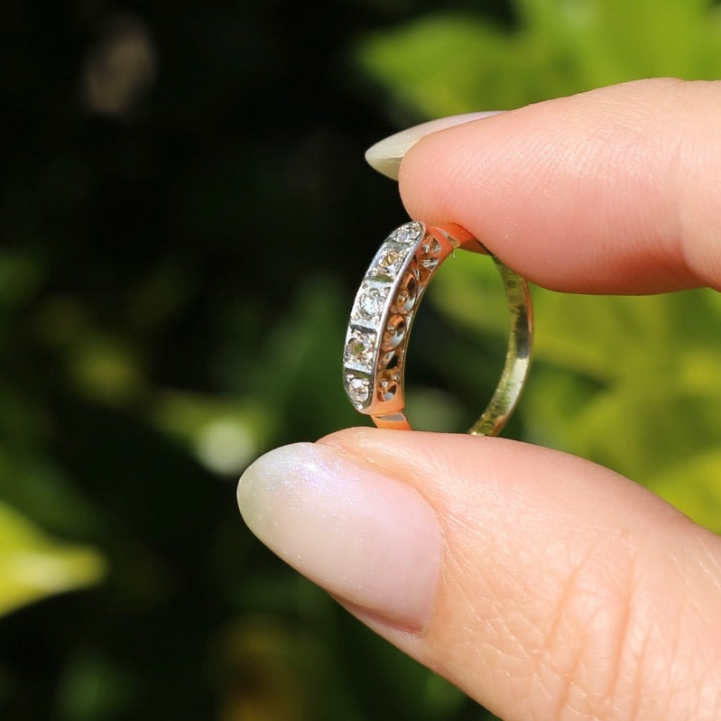 1930s Old Cut 5 Stone Diamond Ring, Platinum and 18ct Yellow Gold, size L or 5.75