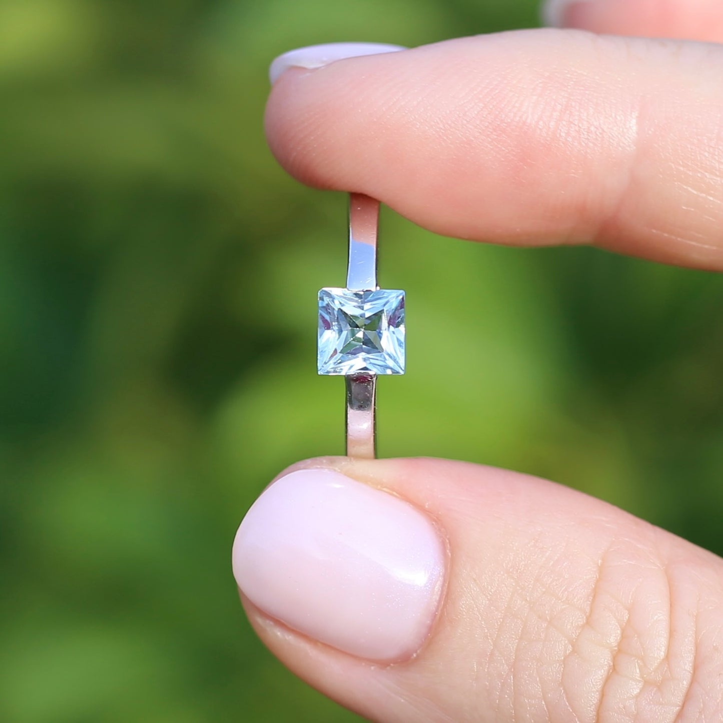 Italian Princess Cut Topaz in 14ct White Gold, size 7.25 or just bigger than O