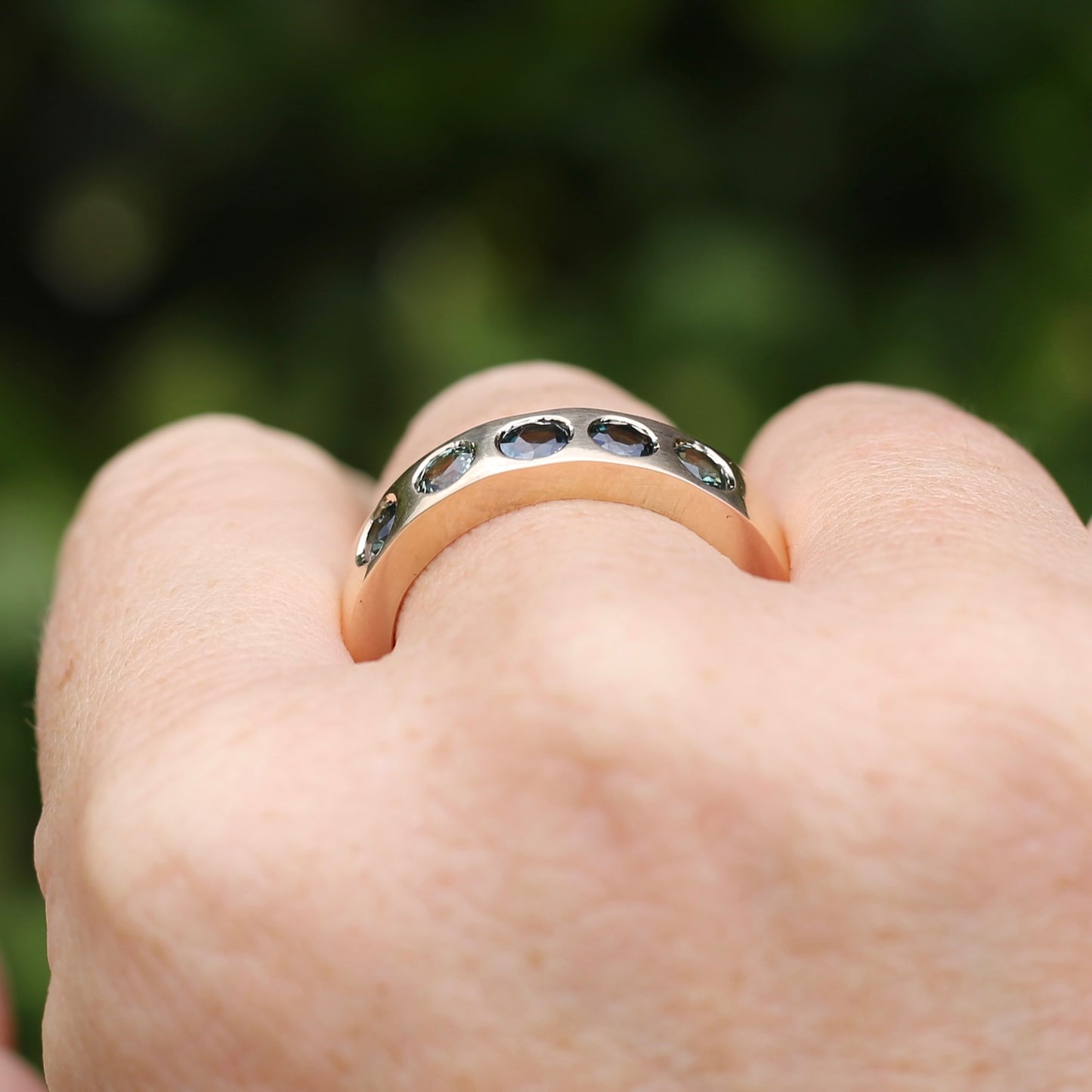 Custom Reclaimed Gold Chunky 9ct Rings with 4mm Parti Sapphires