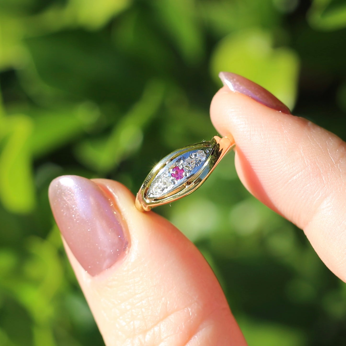 Antique Boat Ring with Four Old Cut Diamonds and an Old Cut Pink Topaz, 18ct Yellow and White Gold, size 7 or N1/2