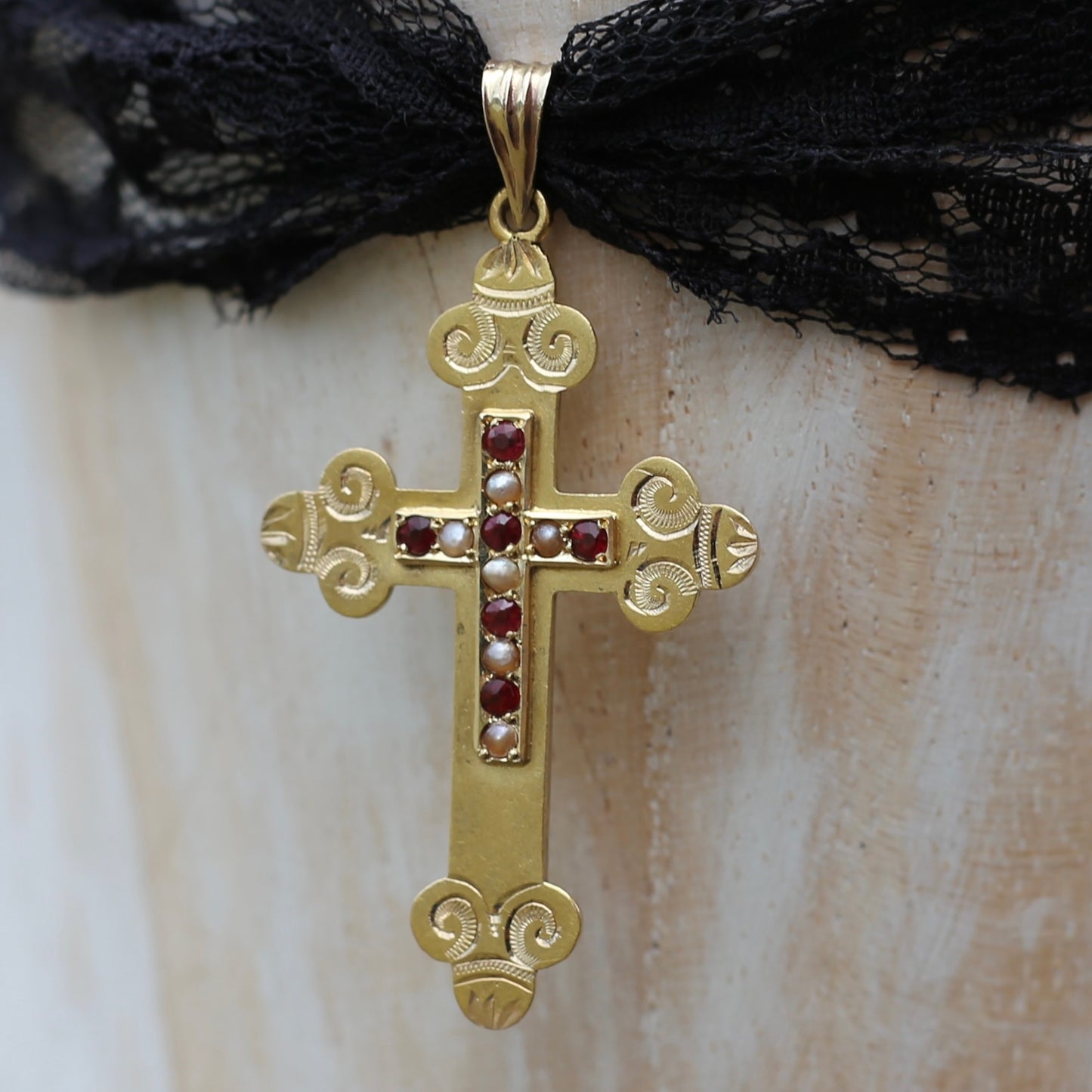 Antique 15ct Ruby and Pearl Crucifix by Australian Jeweller Willis and Sons, 15ct Gold