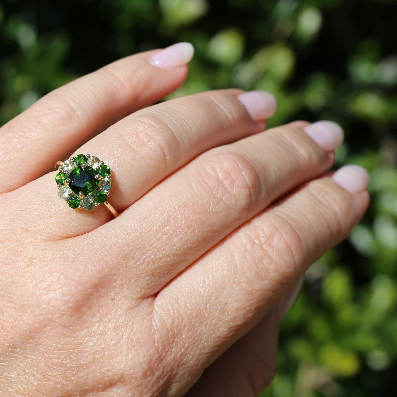 Chrome Diopside and Green Garnet Daisy Cluster Ring, 9ct Yellow Gold, size N1/2 or 7