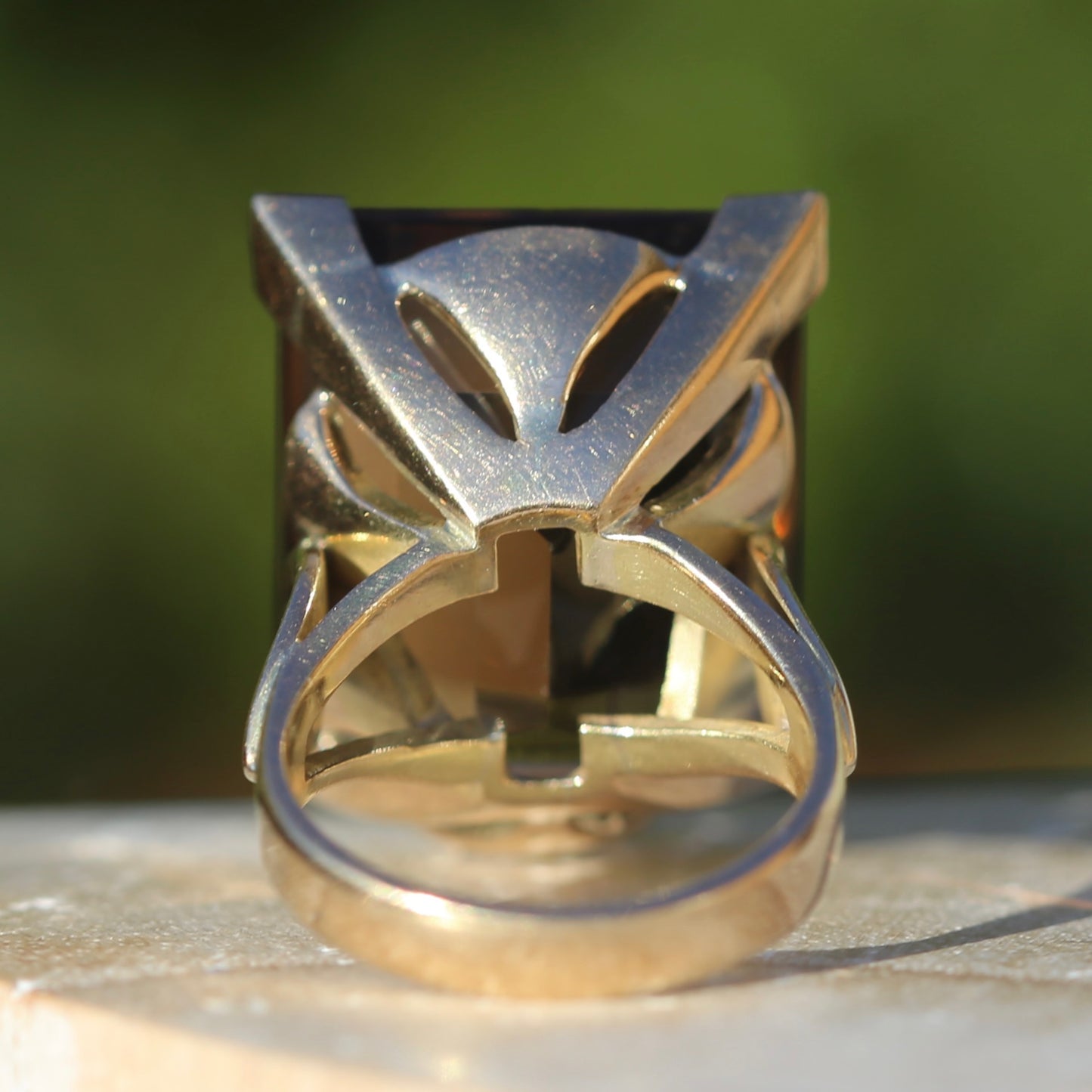 Mid Century 36ct Princess Cut Smoky Quartz Cocktail Ring, 9ct Yellow Gold, size N1/2 or 6.75