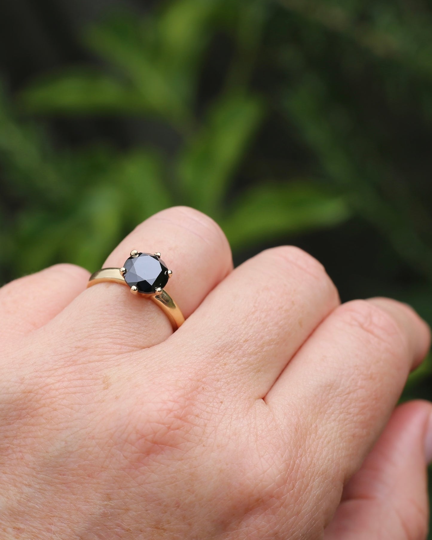 Black Moissanite Solitaire, 6 claw set 14ct Yellow Gold, size N1/2 or nearly 7, 3.63g