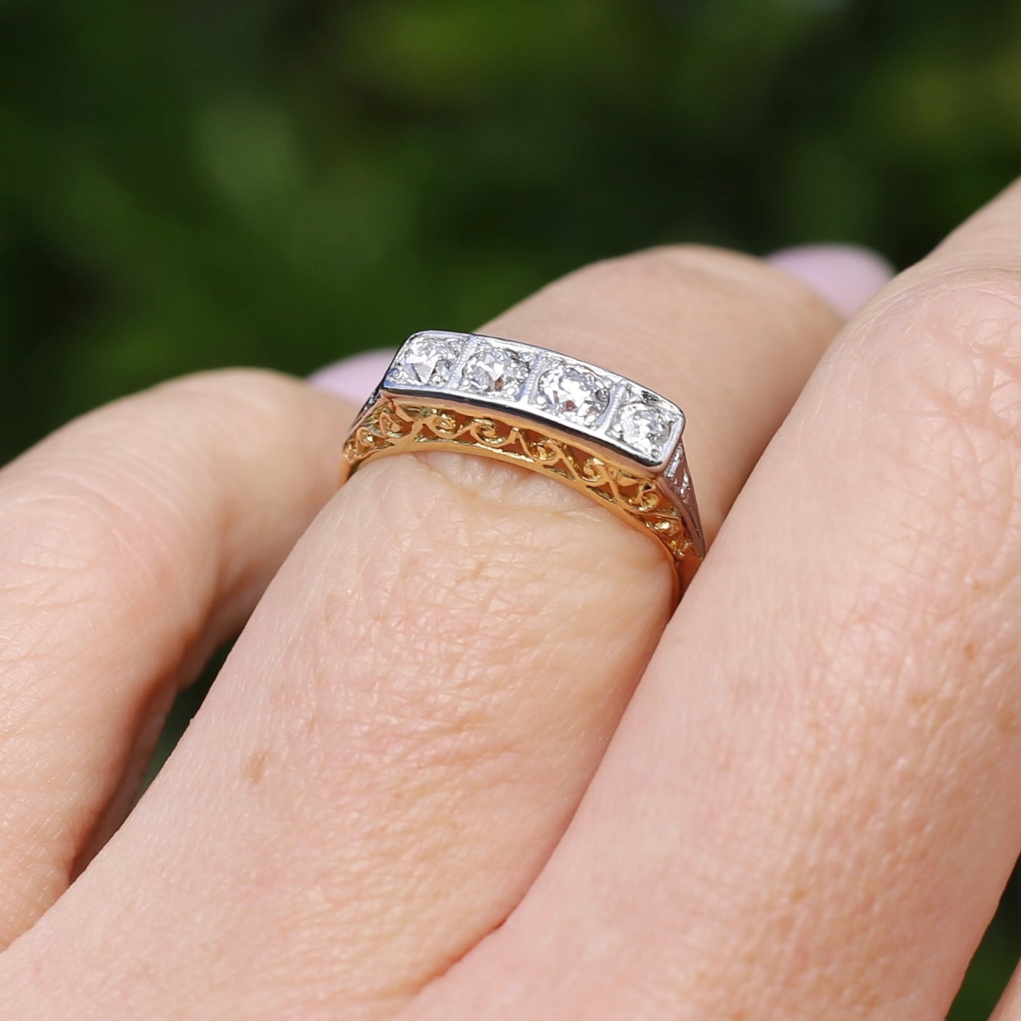 1930s 4 Stone Transitional Cut Diamond Mixed Metal Ring, 18ct Yellow Gold & Platinum, size M or just bigger than 6