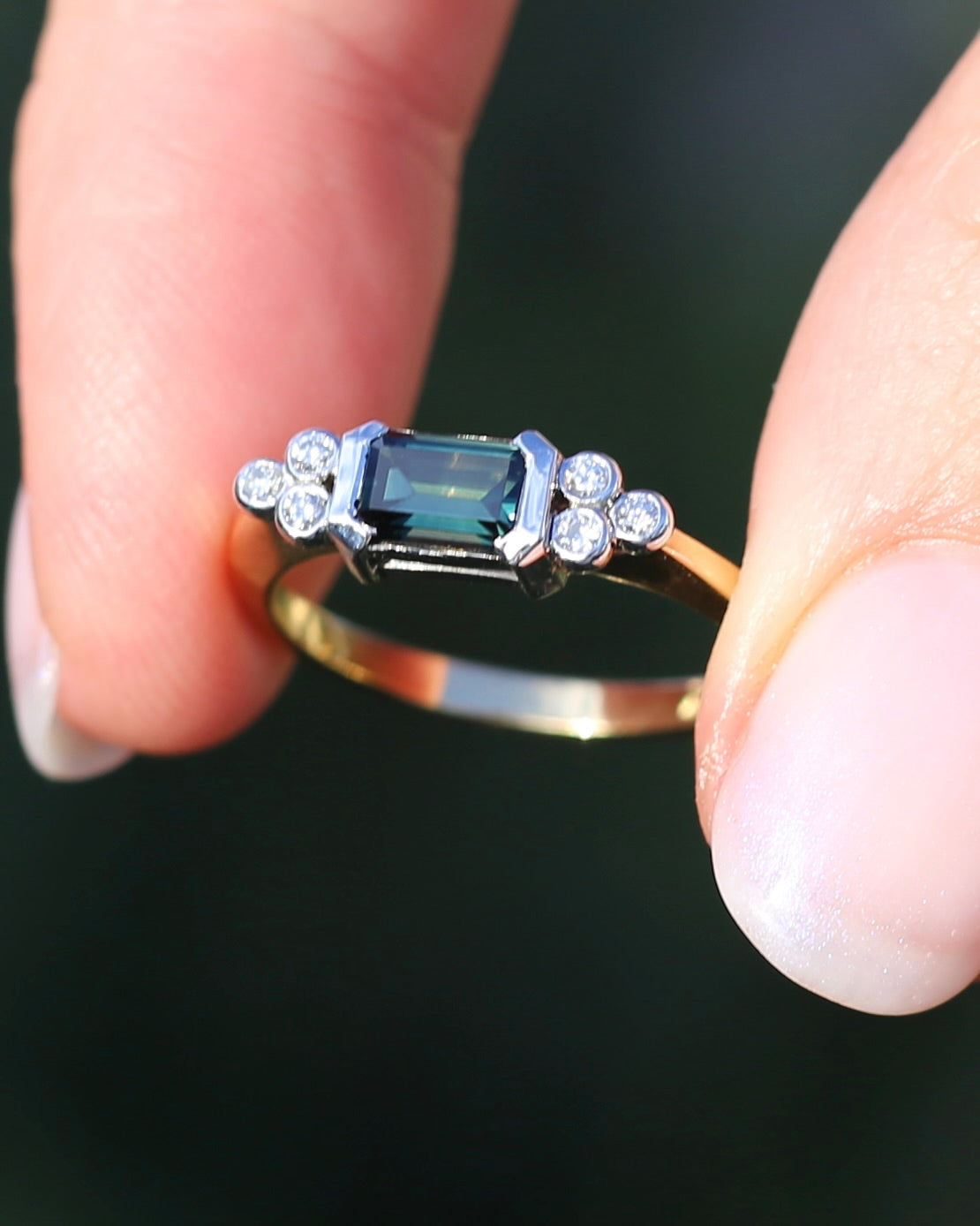 Vintage East West Set Natural Sapphire and Diamond Ring, 18ct Yellow and White Gold, size O or 7.25, 3.36g, with valuation