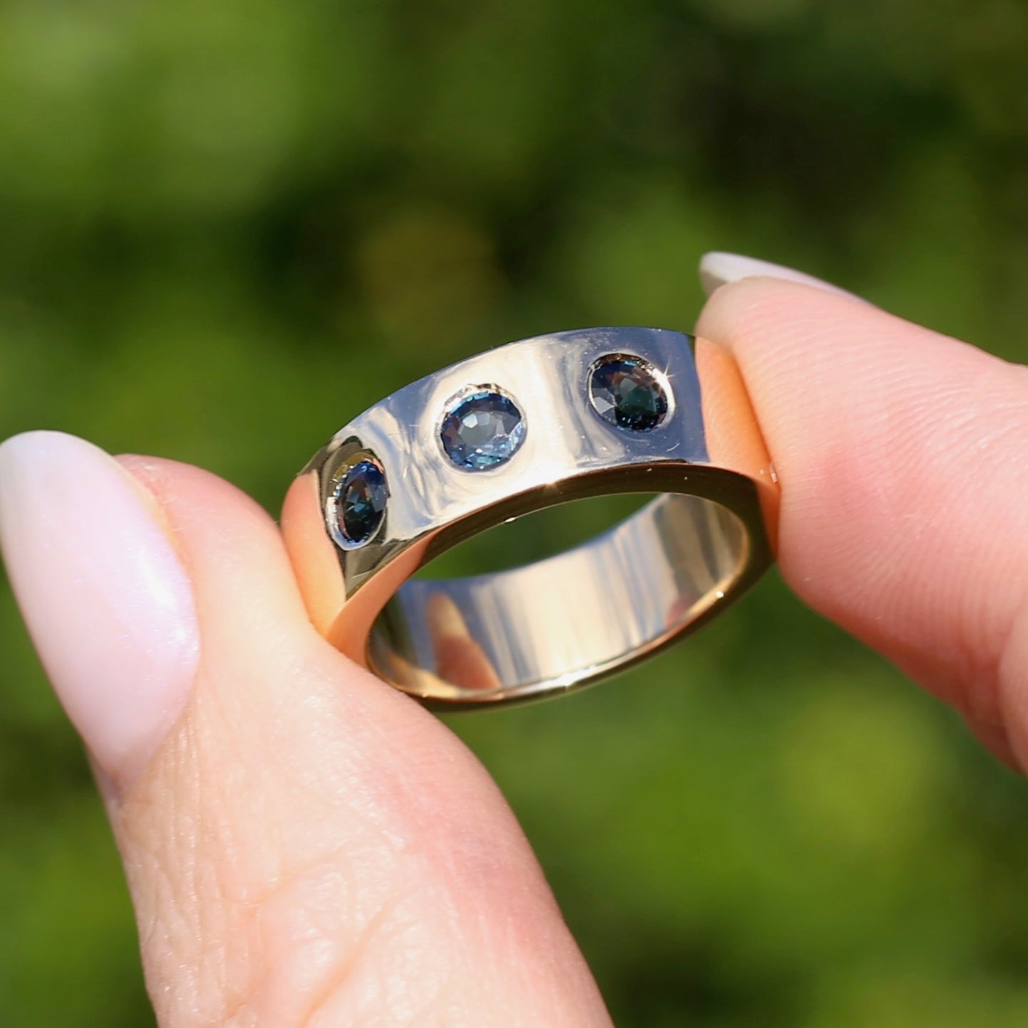 Custom Reclaimed Gold Chunky 9ct Rings with 4mm Parti Sapphires