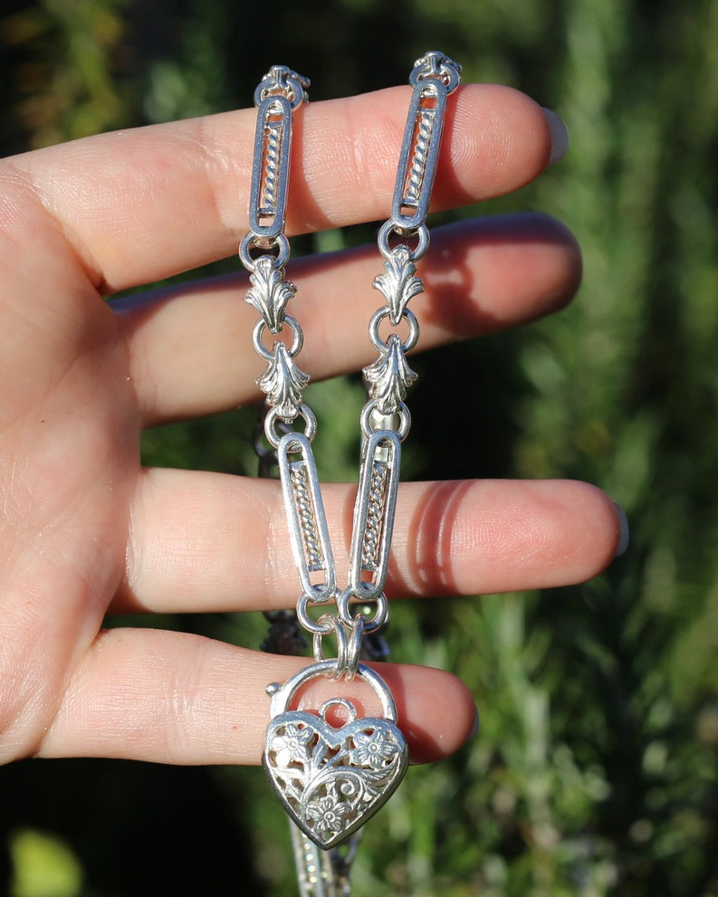Fancy Link Silver Necklace with Heart Padlock, Sterling Silver, 49cm or 19.25 inches, 40.0g