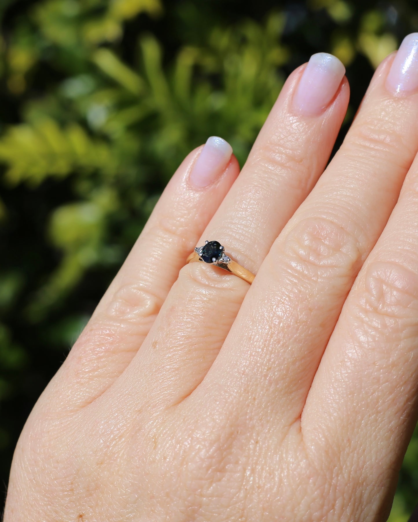 Dark Australian Sapphire and Diamond Dainty Trilogy, 9ct Yellow and White Gold, M1/2 or 6.5, 1.75g