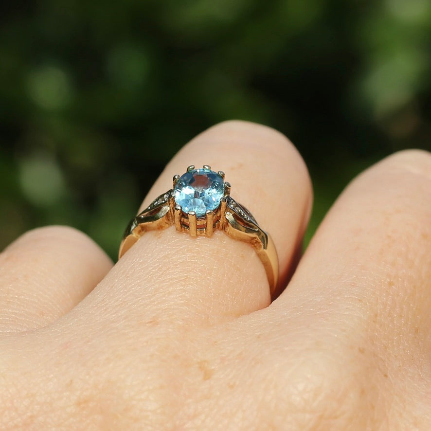 Oval Blue Zircon with Decorative Diamond Shoulders, size N or 6.75