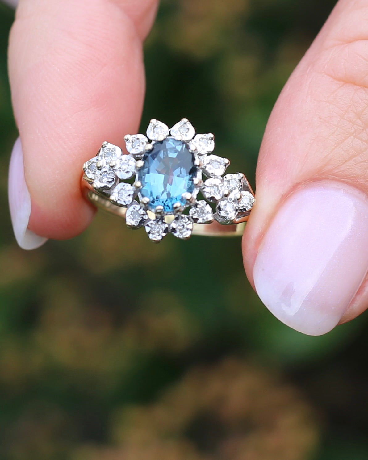 1989 Blue Zircon and Diamond Halo Ring, 9ct Yellow and White Gold, size N1/2 or 7, 3.18g