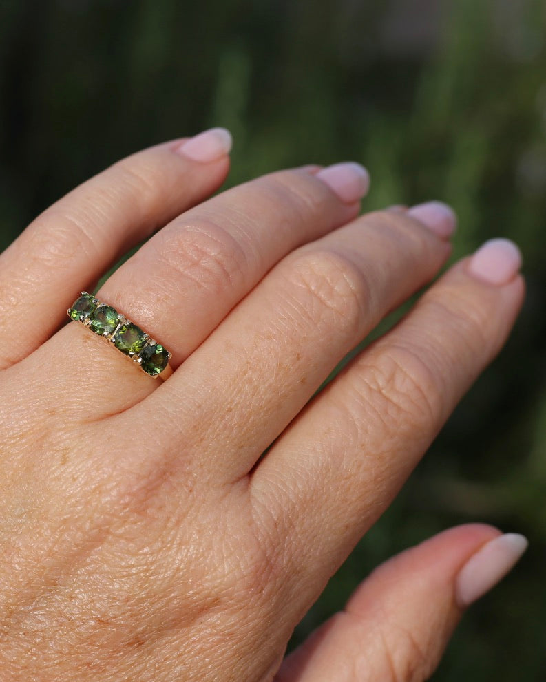 1.75ct Four Stone Natural Green Tourmaline Ring, 9ct Yellow Gold, size N1/2 or just over 6.75, 2.37g