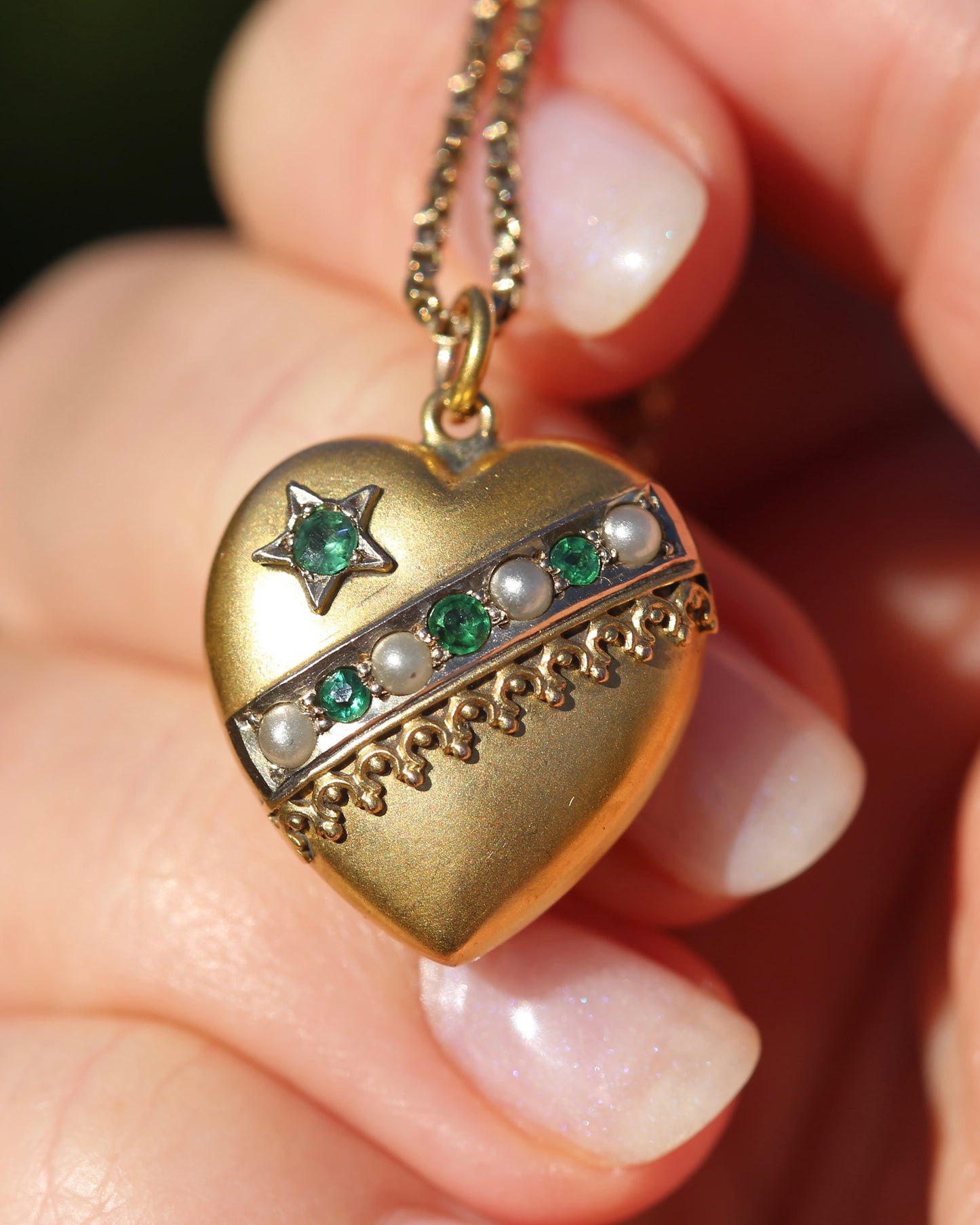 Early Australian Aronson & Co Puffy Heart set Pendant with Pearl and Green Gems, 9ct Yellow Gold, 2.59g