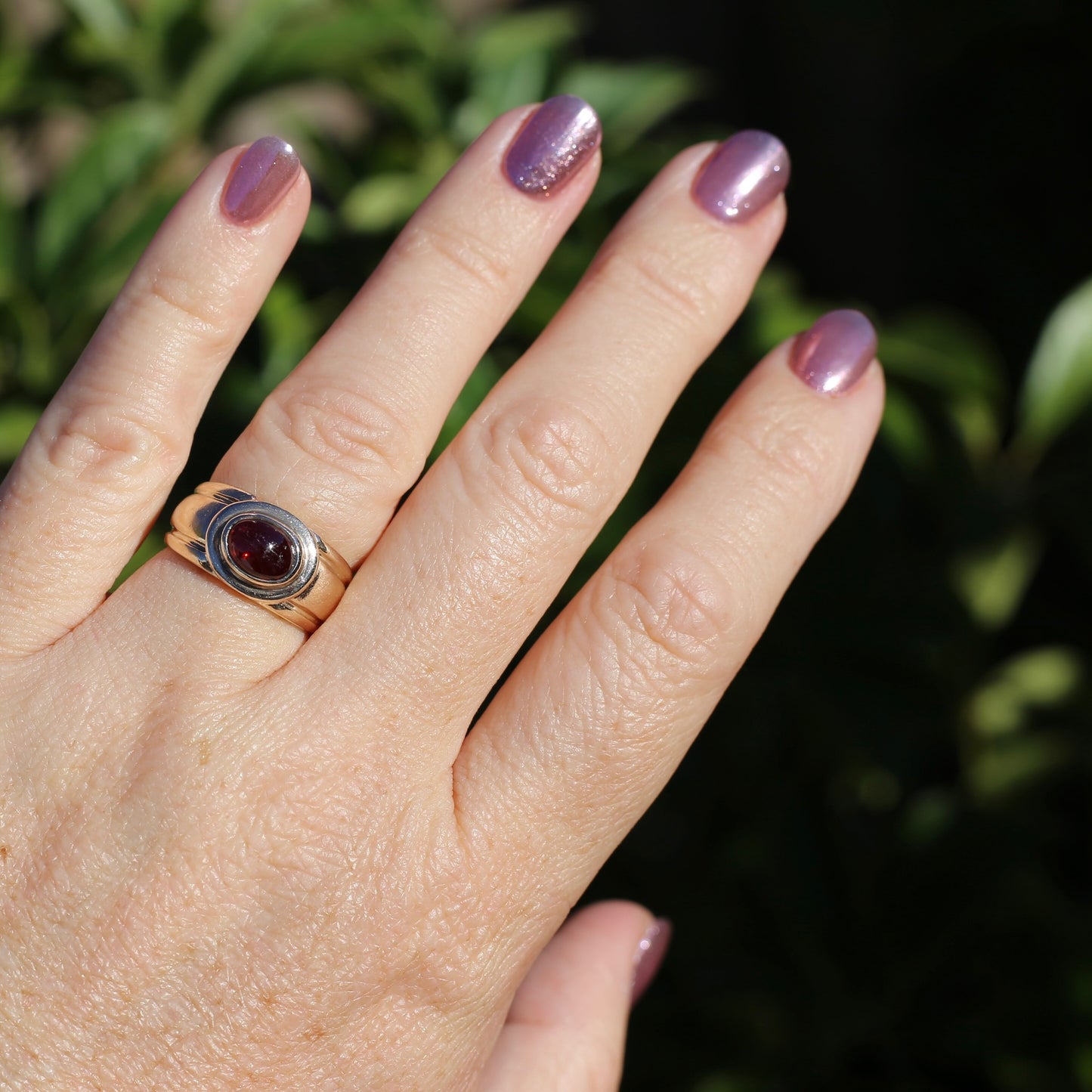 Chunky Gold East West Set Garnet Cabochon, 9ct Yellow Gold, size O1/2 or 7.5