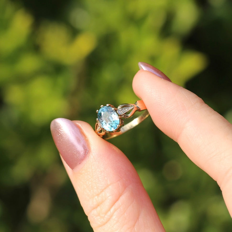 Oval Blue Zircon with Decorative Diamond Shoulders, size N or 6.75