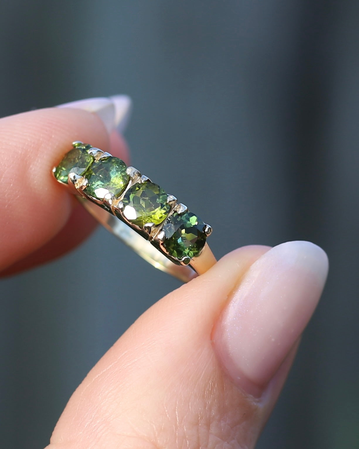 1.75ct Four Stone Natural Green Tourmaline Ring, 9ct Yellow Gold, size N1/2 or just over 6.75, 2.37g
