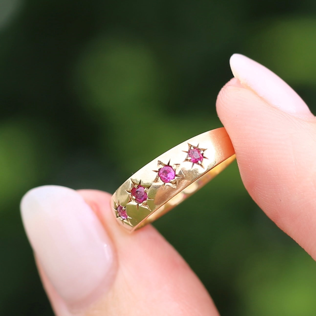 Antique 1891 Five Stone Star Set Old Cut Ruby Ring, 15ct Rosey Gold, size N- N1/2 or 6.75