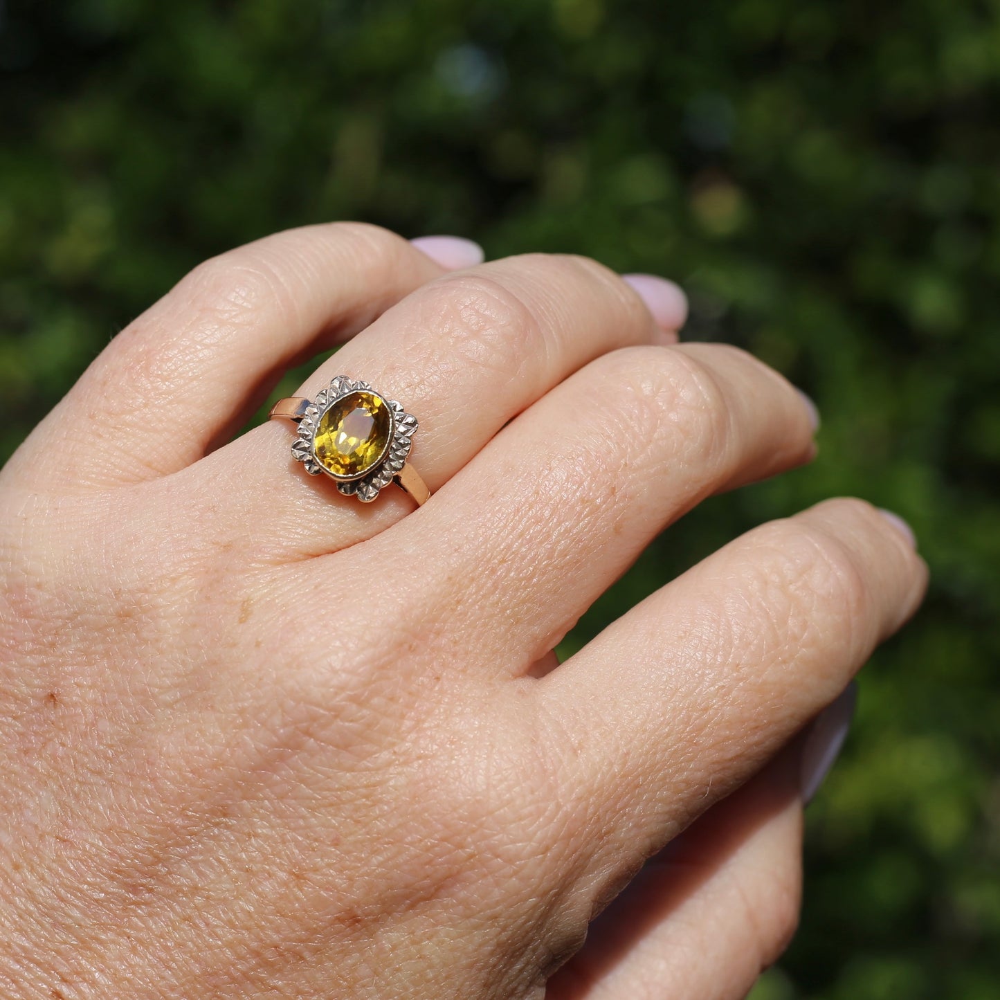 1994 Yellow Sapphire With Detailed Edges, 9ct Yellow Rosey Gold, size P or 7.5