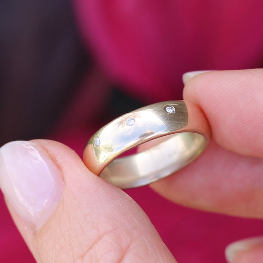 Chunky Half Round 9ct Gold Ring with 3 Punch Set Diamonds, 9ct Yellow Gold, size 8.5 or just under R (fits about a size smaller due to width)